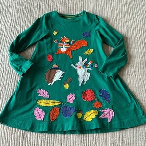 Mini Boden Green Long-Sleeve Dress with Colorful Animal & Leaf Appliqués
